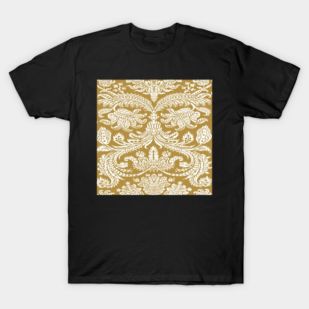 White on Mustard Gold Medieval Damask Scrolls T-Shirt by JamieWetzel